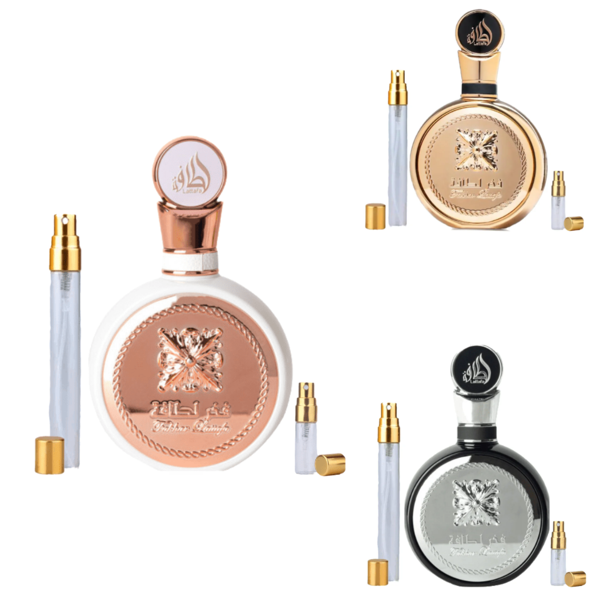 Kit Aliança Fakhar: A Coleção Definitiva para Ele & Ela (Rose, Black, Gold) - Rihla Perfumaria 