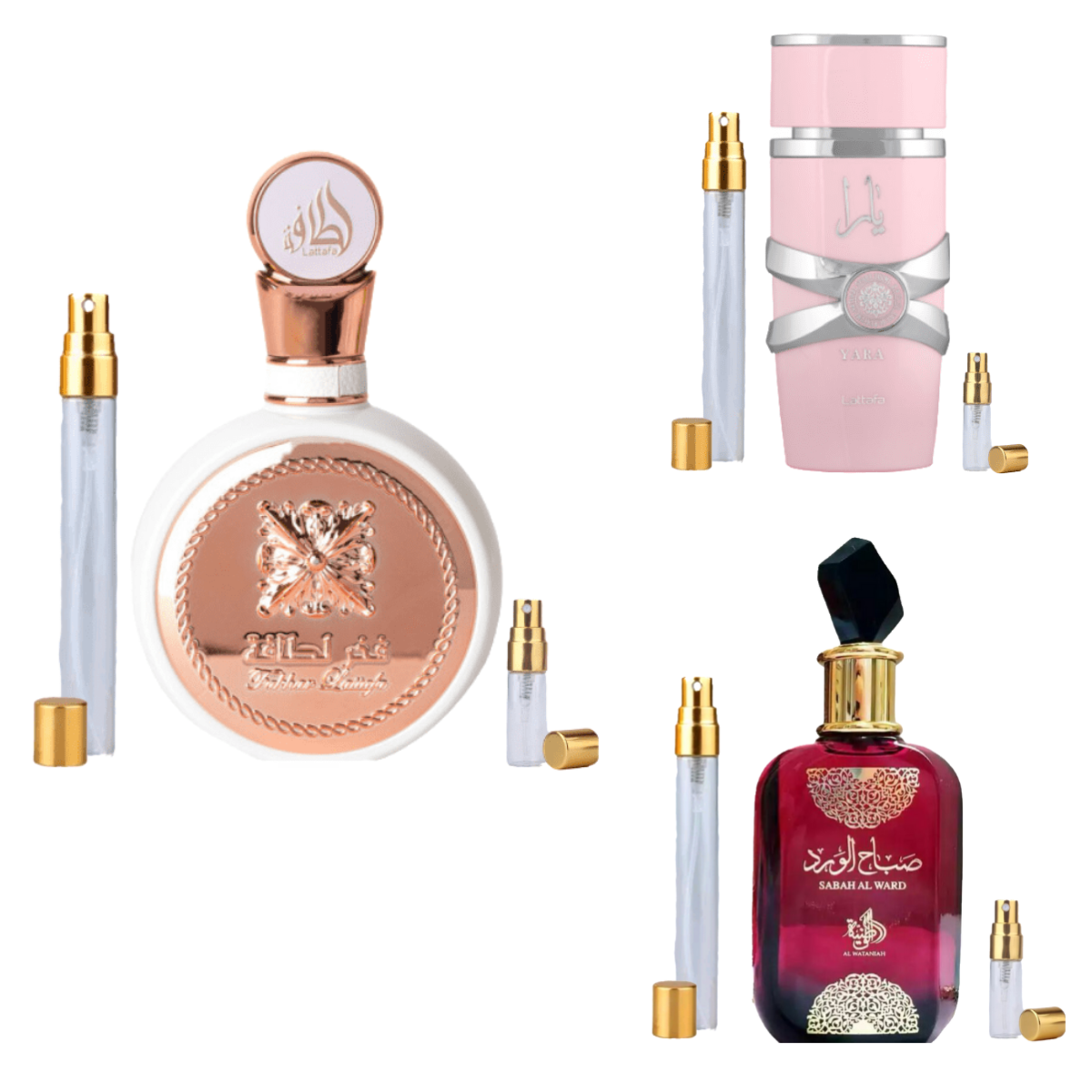 Kit Deusas Árabes: A Coleção Essencial de Perfumes Femininos (Yara, Sabah Al Ward, Fakhar Rose) - Rihla Perfumaria 